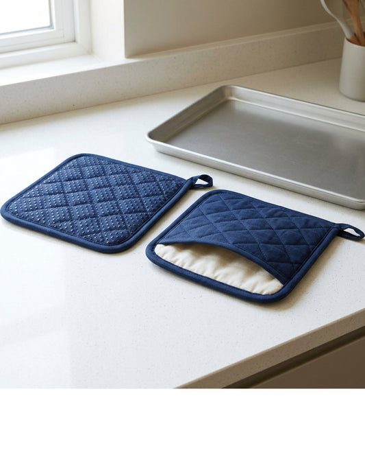 Wizes Pocket Pot Holder Pair 22 x 22 cm Navy - Lifestyle view